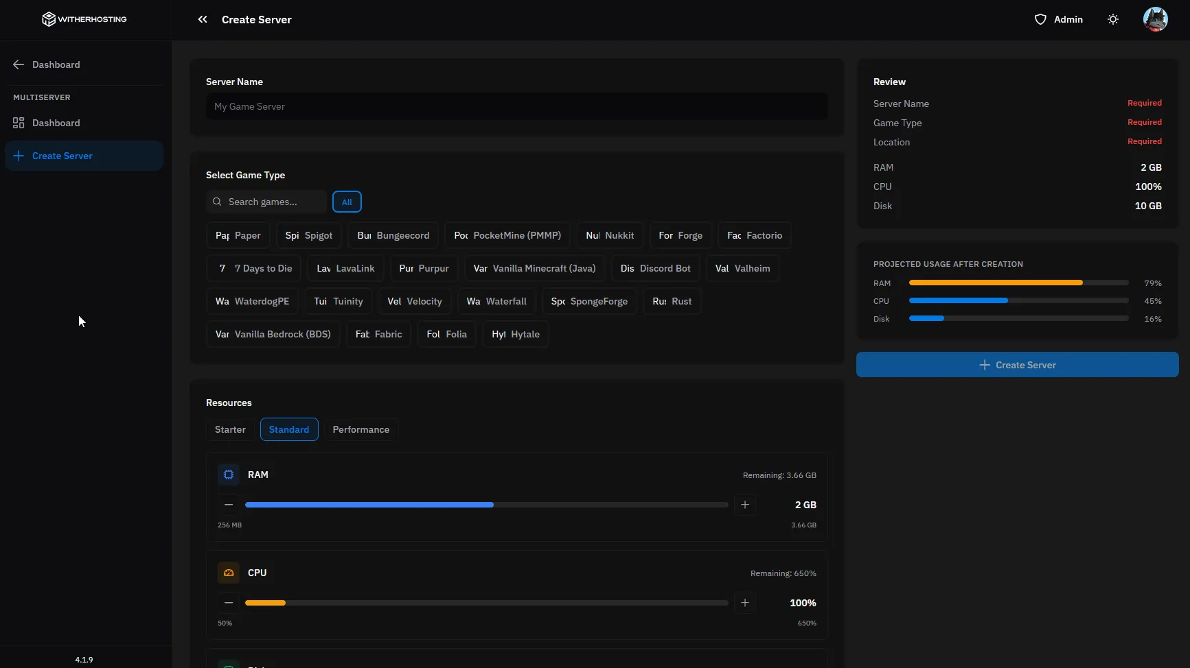 WitherPanel create-server screen for a Multiserver, choosing game, location and resources
