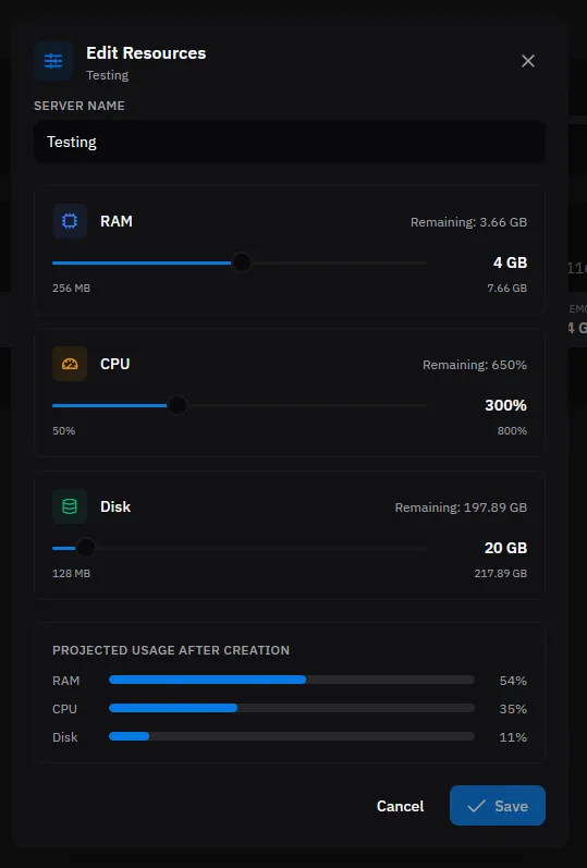 WitherPanel edit-resources dialog for adjusting a server's RAM, CPU and disk