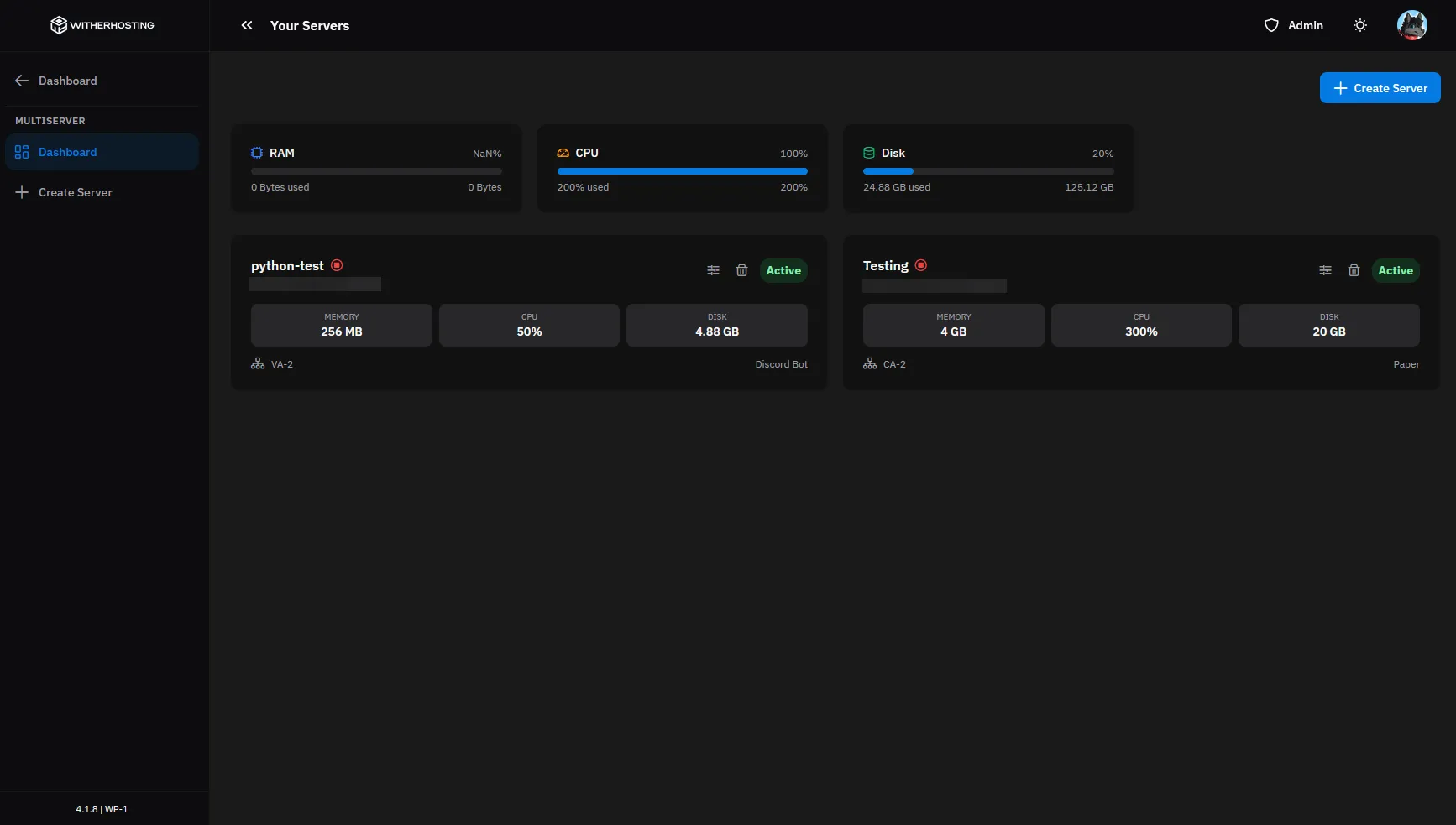 WitherPanel Multiserver overview showing resource pool usage split across several servers
