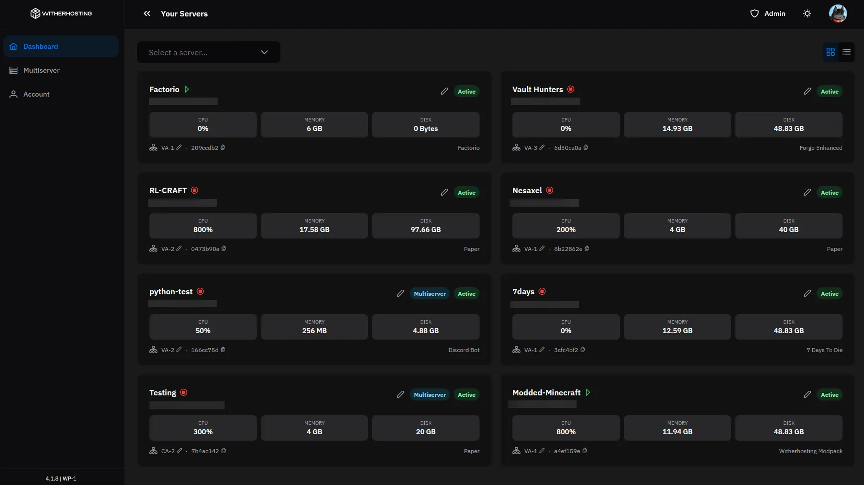 WitherPanel dashboard showing Minecraft, Factorio and modded servers with CPU, memory and disk usage